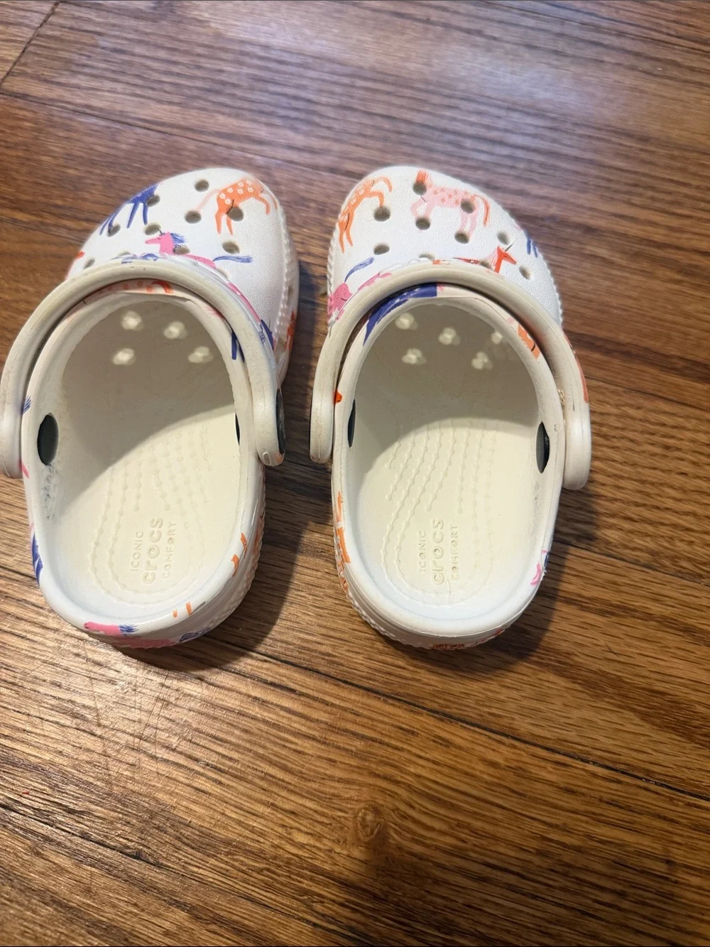 CROCS Kids White Clogs with Pink, Orange & Blue Deer Print